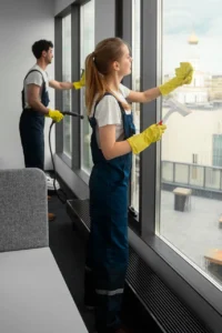 A crew of women cleaning a building windows