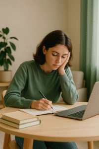 A college student studying calmly at a desk with a notebook and laptop, representing focus and stress-free study habits.
