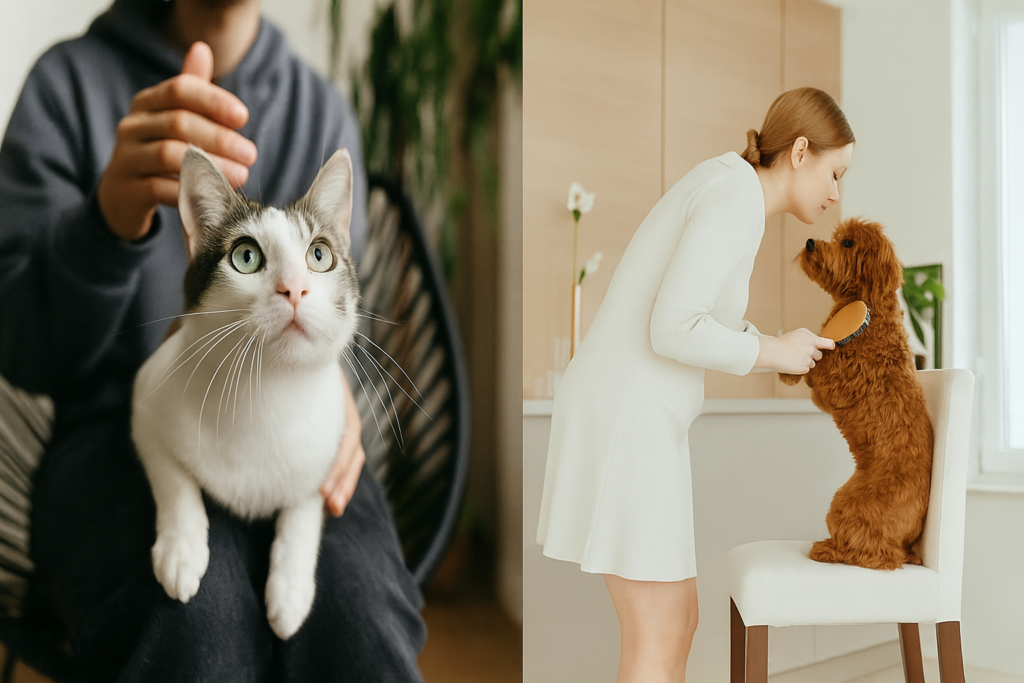 Two side-by-side photos showing in-home pet care: a cat being gently comforted and a dog being brushed indoors in a calm, loving environment.