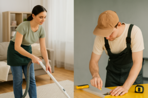 Two side-by-side photos showing home services: a woman cleaning a cozy living room and a man performing a light household repair.